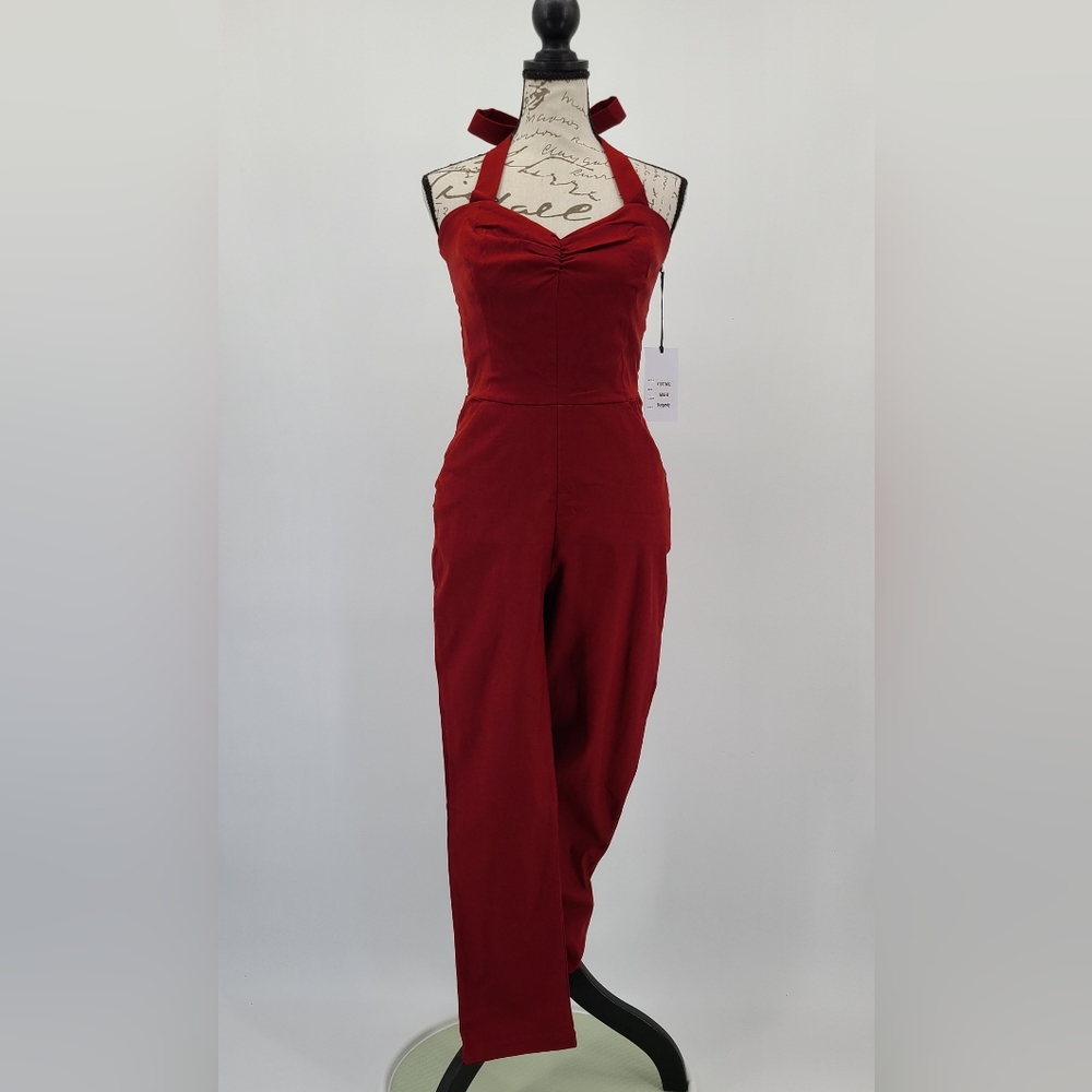 Unique Vintage Burgandy Slim Fit Halter Jumpsuit Size Medium